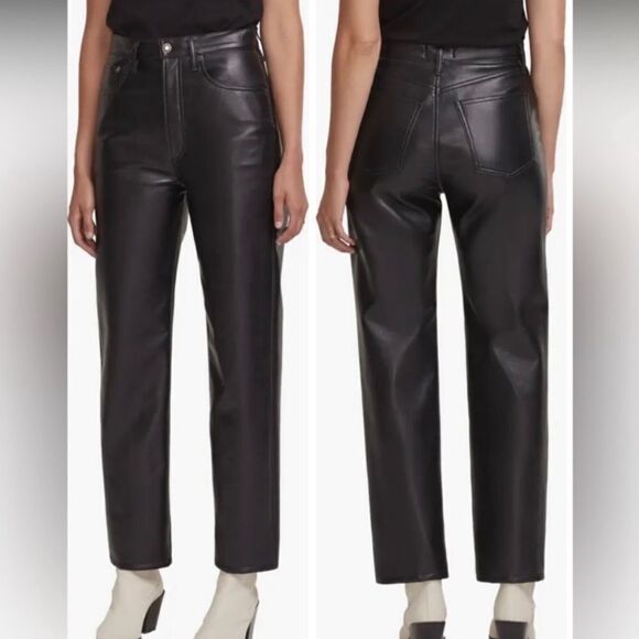 Agolde 90’s Leather Pinch Waist Black Pants Recycled Straight Leg Size 24 - Picture 6 of 13